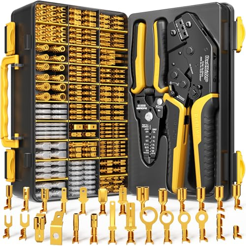 DxCRIMP Kit de Crimpadora para Terminales Eléctricos con 21 Tipos de 0,25–2,5 mm² (AWG 24–14), Kit Profesional de Crimpado y Pelacables, Herramienta Precisa para Electricistas, Bricolaje y Hobby