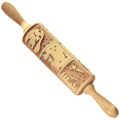 Mattarello natalizio in rilievo, 35,5 cm, mattarello natalizio in legno per impasto, con incisione 3D per biscotti di Natale, strumenti con manici, per cucina e casa