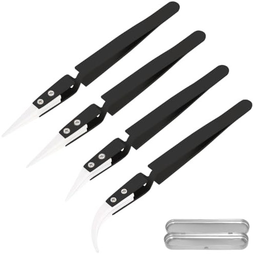 ZHUROUPU 4 Pzs Pinzas Inversas, Pinzas de Precisión de Cerámica de Acero Inoxidable ESD Resistentes al Calor, No Conductoras, Punta Puntiaguda y Curva para Soldar, Pellizcar Bobinas (Negro)