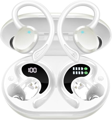 Hupoaf Ecouteurs Bluetooth sans Fil Sport, Oreillette Bluetooth avec HD Mics, USB-C Charge Rapide, Écran LED Bluetooth Casque Running pour iOS/Android, Blanc Peal