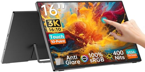 3K Tragbarer Monitor, Touchscreen Monitor 16 Zoll, 10-Punkt-Multitouch Matt Portable Monitor, 3072x1920 16:10 100% sRGB 400nits, Metallgehäuse, Ultra-schlanker Rahmen, VESA-kompatibel, U16ZT (Grey)