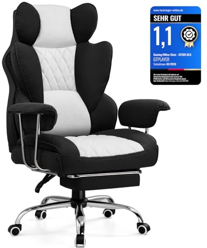 GTPLAYER Gaming Stuhl, Bürostuhl mit Taschenfeder-Lendenwirbelstütze, breiter Büro-Computersessel mit nach außen fixierten weichen Armlehnen und Fußstütze, 180KG, grau-Schwarz