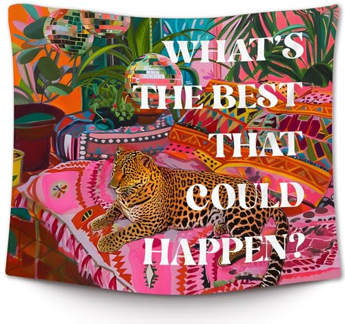 XLDLIOO Preppy Leopard Disco What's The Best That Could Happen Wall Tapestry, Retro Maximalist Tapestry Hanging for Girly Room Bedroom, Groovy Tapestries Wall Decor Art for Teen Girls Dorm 50x60in