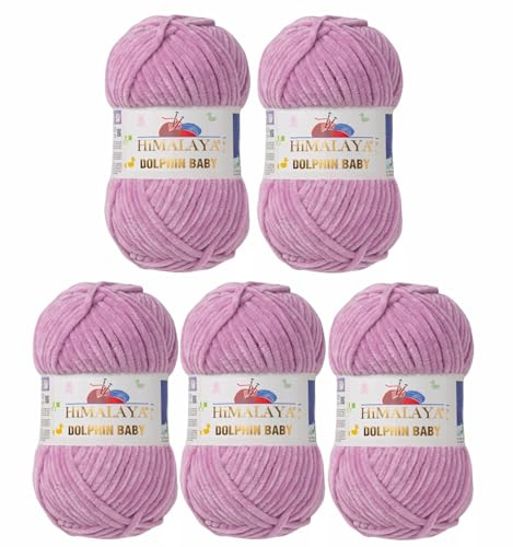 5 x Himalaya Dolphin Baby Wolle Garn Baumwolle Strickwolle zum Stricken häkeln super Bulky Chenille Garn Wolle Strickgarn 100g 120m Polyester Elomnia (5x-A1-80334 Flieder)