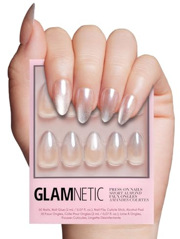 Glamnetic Press On Nails - Polar Night | Short Almond Fake Nails with Ombré Silver Tips and Glossy Velvet Finish, Reusable | 15 Sizes - 30 Nail Kit with Glue