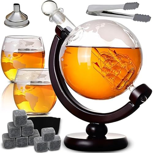 Retoo Whisky Carafe Set Globe Decanter with Two Glasses Whiskey Gift Set Men's Gifts Birthday Gift Man Gifts for Men Alcohol Accessories 850 ml 9 Whisky Stones Tongs Funnel