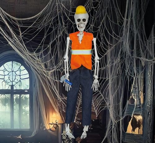 FIESTAS GUIRCA | Skelett Bauarbeiter mit Oranger Weste Hängedekoration (40 cm) - Gruselige Halloween Dekoration zum Aufhängen - Horror Skelett Hängefigur Orange Blau