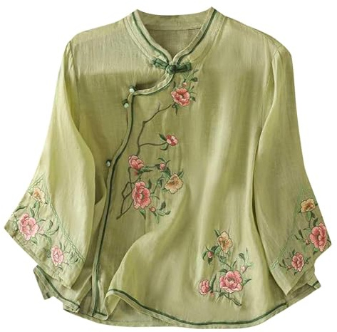 Cotton Linen Embroidered Shirt for Women UK Clearance Vintage Elegant Chinese-Style Shirts Floral Embroidery Blouses Summer 3/4 Sleeve Bohemian Tees Dressy Casual Boho Tops Y2k Streetwear Green