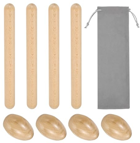sourcing map 4 Pcs Wood Egg Shaker Wood Musical Eggs with 2 Pairs Drum Sticks Hand Percussion Shaker Wooden Hand Percussion Instrument for DIY Painting Music Learning Party (Wood Color)