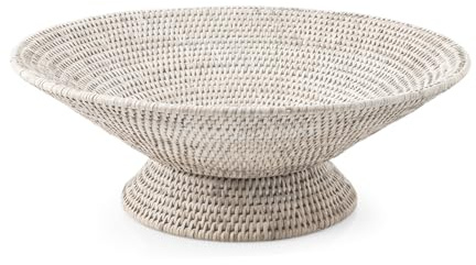 H&H Alzata con Piede in Rattan Bianco – Dimensioni 45x16 cm – Vassoio Decorativo per Dolci, Frutta o Centrotavola – Design Naturale ed Elegante