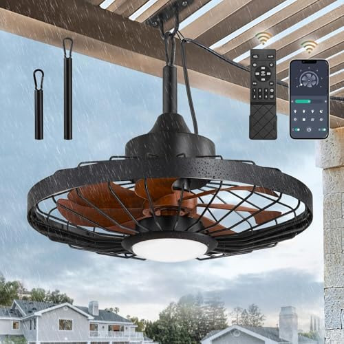 HUYOY Ventilatore da Soffitto con Luce LED, Nero con Pale in Legno Scuro, Stile Industriale Retrò a Gabbia, Impermeabile IP65, 50 cm, Telecomando e Applicazione