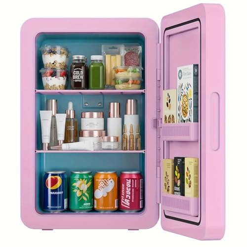 Mini Fridge 22L/ 30 Cans Cooler and Warmer Portable Mini Fridge for Bedrooms with Adjustable Shelves, AC+12V DC Small Fridges for Car, Office, Travel, Skincare, Cosmetics, Drinks (Pink)