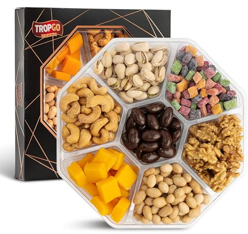 Caja de regalo de comida negra con 7 compartimentos: pistachos, anacardos, cacahuetes, mini cubos y bocados de mango, nueces y almendras de chocolate. Cajas de regalo de fiesta para hombres y mujeres