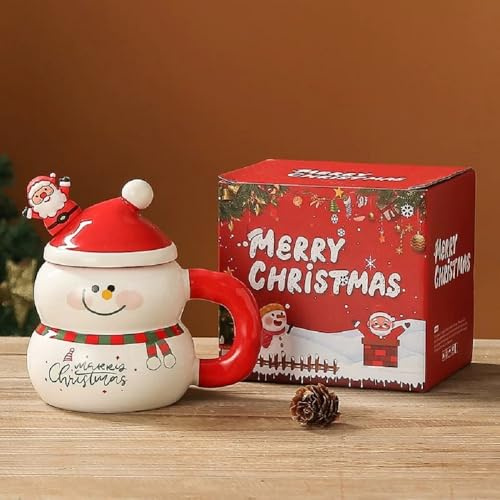 Huiyiwert niedliche Weihnachtstasse 3D Cartoon Weihnachtsbecher Keramik Kaffeetasse Kakaobecher mit Deckel und Rührlöffel Porzellanbecher für Fraun Mädchen Männer (Schneemann mit Rot-Mütze)