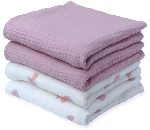 tiny ton Baby muslindukar | dregellappar – 100 % GOTS ekologisk bomull, set om 4 (60 x 60 cm), mjuk, absorberande och andas. Mångsidiga spottdukar – för att gosa, rengöra och täcka (lila)