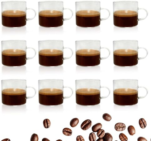 MYKAGS Ensemble de tasse à café Espresso 120ml de 12 pièces avec poignée, verre en borosilicate élevé, durable et écologique, mini tasse à café
