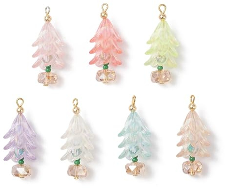 Ipotkitt 70 pcs 7 Colours Electroplate Glass & Acrylic Christmas Tree Charms with Iron Loop Plant Lily Flower Charms for DIY Jewellery Bracelet Necklace Earrings Crafts