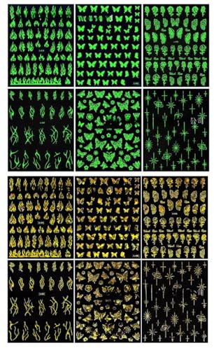 Gaodercha Lot de 12 feuilles d'autocollants pour ongles - Motif flamme - Fleur - Papillon - Doré - En PET brillant et doré - Pour décoration de manucure, maison, salon