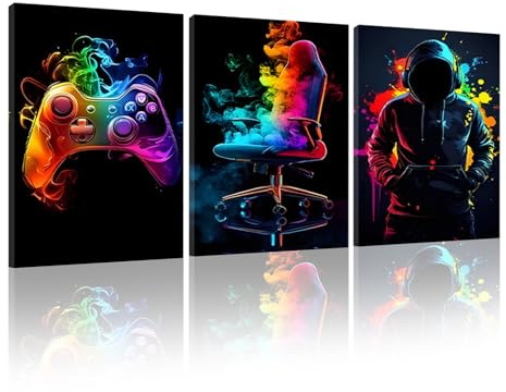 KiKiHong 3 Pcs Decoracion Gamer Habitacion,Cuadros Decorativos con Marco | Arte de Consola,Silla Gamer y Figura con Efecto Neon para Corredor,Sala de Juegos o Dormitorio 40x30 cm