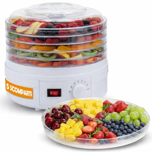 BAKAJI Essiccatore Elettrico Alimentare Multiuso, 5 Ripiani Impilabili e Removibili Trasparenti, Controllo Temperatura dai 35° ai 70°, Ideale per Essiccare Verdura, Carne, Frutta, Fiori
