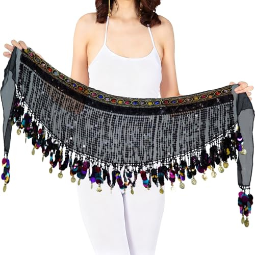 MUNAFIE Women's Belly Dance Hip Scarf Performance Outfits Skirt Festival Clothing Black&Colorful