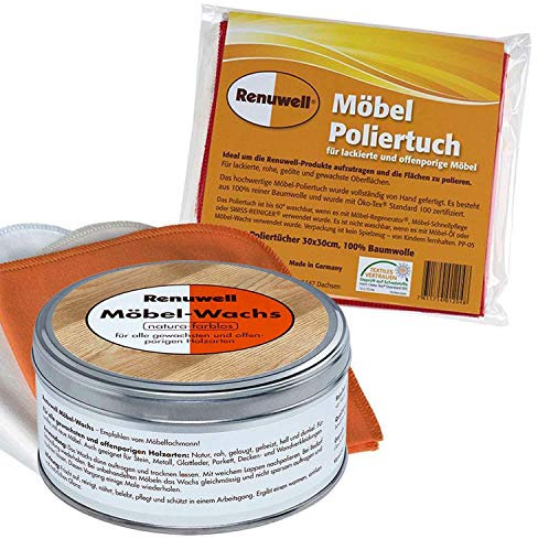 Renuwell Möbel-Wachs 500 ml + Möbel Poliertuch 4 Stück Spar-Set