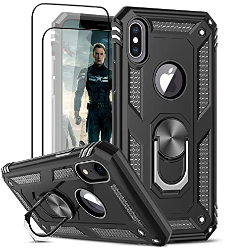 LeYi Hülle für iPhone X Handyhülle iPhone XS mit Panzerglas Schutzfolie(2 Stück),360 Grad Ring Halter Militärische Rüstung Handy Hüllen Stoßfest Cover Schutzhülle Case für iPhone 10/XS Schwarz