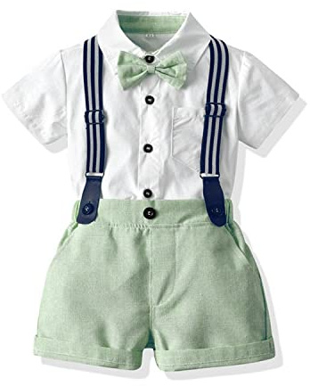 Volunboy Bébé Garçon Ensemble Costume, Manches Courtes Noeud Papillon Chemise avec Short Bretelle Barboteuse(Taille 90,18-24 mois,Vert)
