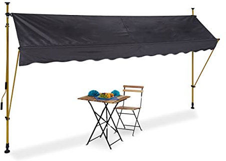 Relaxdays Klemmmarkise, 350 cm breit, höhenverstellbar, ohne Bohren, UV-beständig, Sonnenschutz Balkon, anthrazit/Gold