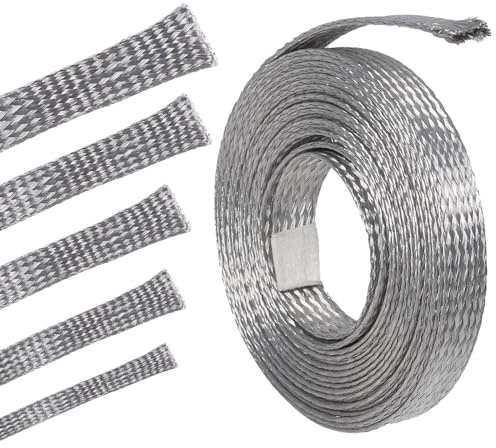 Tinned Copper Braid Metal Cable Shielding Sleeve Ground Straps Interference Wire Sheathing Flat Mesh (5/16 in Wide(0.20 in Dia)-28ft)