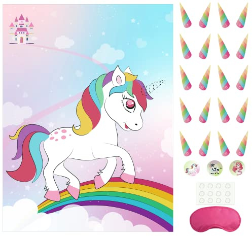 Morcheiong Pin the Tail/Horn on the Unicorn - Spiel mit 48 Hörnern für Kinder Geburtstagsgeschenke Schlafüberzeugeschmuck Mädchen Regenbogen-Partydekorationen
