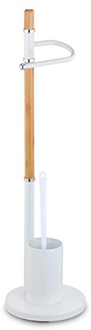 HERSIG - Portarrollos Papel Higiénico de Pie |Soporte Papel Higienico y Escobillero Metal y Bambu - Color Blanco - d20,5x75,5cm