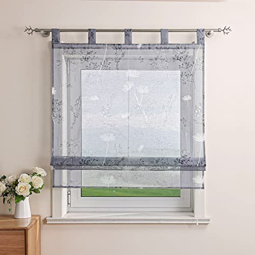 Delien Raffrollo Leinenoptik Transparente Rollos Landhaus Küche Gardine Modern Raffgardine mit Blumendruck »Löwenzahn« Schlaufenrollo für Klein Fenster mit Schlaufen BxH 140x140cm,Grau