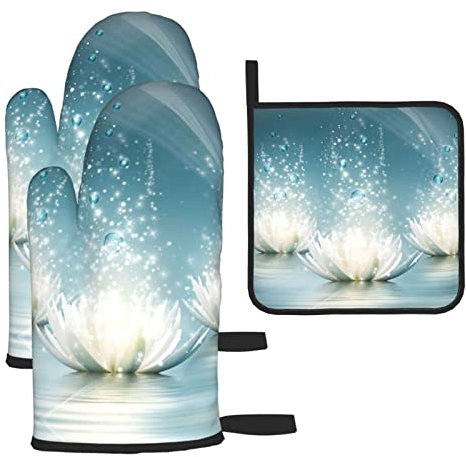 Weiße Lotusblumen-Ofenhandschuhe und Topflappen, langlebige Grillhandschuhe mit Aufhängeschlaufe, für Küche, Backen, Kochen, Grillen