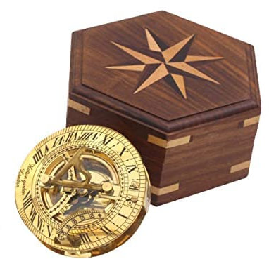 Bussola nautica in ottone massiccio, stile vintage, con scatola in legno, bussola con meridiana e scatola di rose, idea per uomo