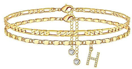 TINGN Fußkettchen für Damen, 14K Vergoldet/Silebr CZ Buchstabe Fussketten für Frauen Fußkettchen Verstellbar Doppelte Fußketten Stabil Figarokette Fußkette Frau Mädchen Tochter Freundin Geschenk