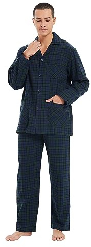 kolipajam Ensemble de Pyjama d'hiver en Flanelle 100% Coton Teint en Fil avec Poches et Cordon de Serrage à la Taille pour hommeBleu et Vert À Carreaux XL