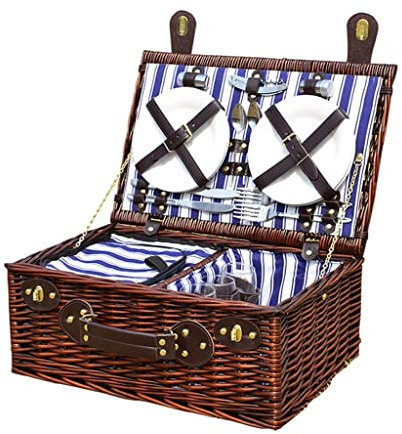 FURLOU Picknickkorb aus Weidengeflecht mit Isoliertasche mit Deckel und Griffen Picknickkorb-Set für 4 Personen 46 x 31 x 20 cm