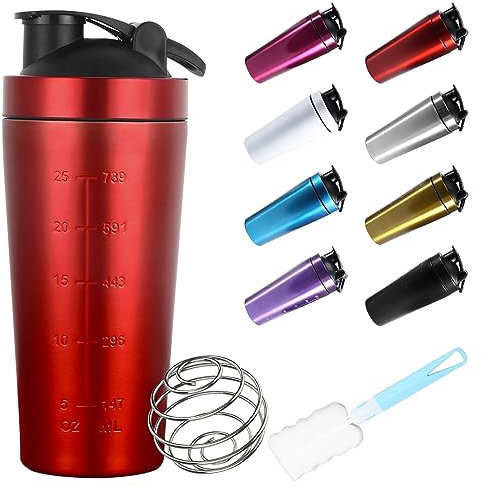 ZAKVOP 750 ml shaker edelstahl, protein shaker edelstahl, Eiweiß Shaker, Eiweiss Bottle, shaker metall, BPA Free/Leak-Proof/Premium Edelstahl, Wasserflasche with Scale - for Clump Free Shakes - Rot