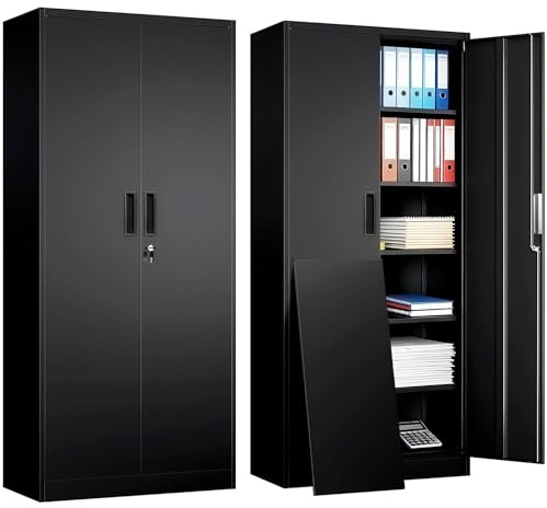 TaskStorz Metal Storage Cabinet, Office Storage Cabinet, Black,180*80*40cm | Metal Garage Cabinet with 5 Adjustable Shelves, Locking Storage Cabinets for Garage, Home, Office, Pantry, Assembly Required