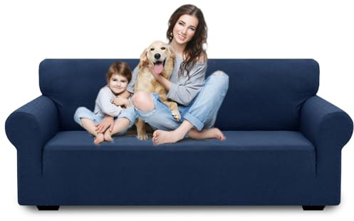 YSTELLAA Stretch Sofa Überzug 3 Sitzer, Sofaschoner rutschfest Mit Armlehne, Universal Jacquard Sofabezug, Dicke Sofabezug Für Hunde Katzen Und Haustiere, Waschbare Sofa Cover, Dunkelblau | Sofabezug mit Armlehnen, universell, Schutz für Katzen und Hunde, kratzfest, rutschfest