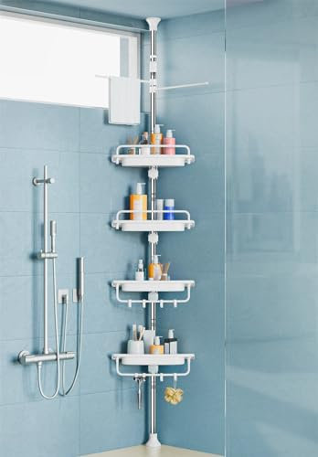 XLHOMO 32-122inch Corner Shower Caddy Tension Pole White, Rustproof Drill-Free Shower Shelves for Bathroom Bathtub Washbasin, Adjustable Shower Organizer with 4 Tier Patent Stable Shelves & Towel Bars