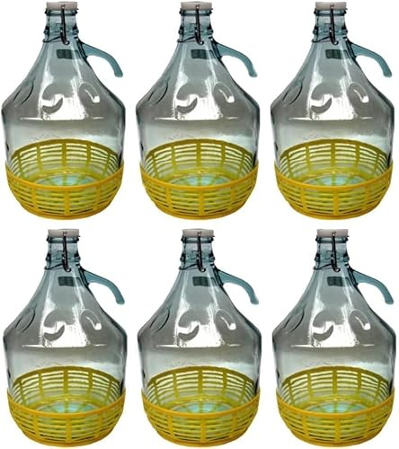 Firmadigaranzia srl 6 x Damigiana, Fiasco, Bottiglie di Vetro, da 5 l, con Chiusura a Tappo ERMENTICO e cestello - Dama Vetro 5L per Acqua Vino Olio - BOCCIONE Vetro per STOCCAGGIO