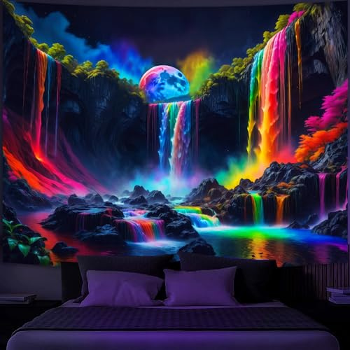 Simpkeely Schwarzlichter Fantasy-Wasserfall-Planet Wandteppich, UV-reaktiver Naturteppich, Neon-Landschaft, Berg-Wellen-Wandbehang – 180 x 230 cm