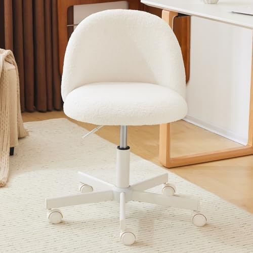 VINGLI Modern Vanity Chair with Back, Velvet Desk Chair for Girls, Small Office Chair with Silent Wheels， Stylish and Comfortable, White