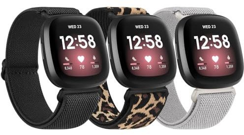 Tobfit 3Stück Armband für Fitbit Versa 3/4, Sense/Sense 2 - Nylon Elastisch Verstellbares Uhrenarmband für Herren Damen (Schwarz/Leopard/Grün)