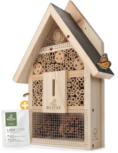 wildtier liebe Insektenhotel Groß, Bienenhotel unbehandelt inkl. Lockstoff I Geschraubtes Massivholz, Insektenhaus für Bienen, Marienkäfer & Schmetterlinge, Bienenhotel