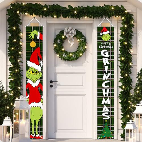 GreenYeah Weihnachten Grünhaariges Monster Banner für Haustür, 2PCS Weihnachten Banner, Merry Christmas Veranda-Schild, Grüne Weihnachtsbanner Willkommen Veranda Schild Türbanner 30 x 180 CM (B)
