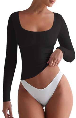 REORIA Womens Square Neck Long Sleeve T Shirts Double Lined Tops Casual Basic Tight Shirts Black Small