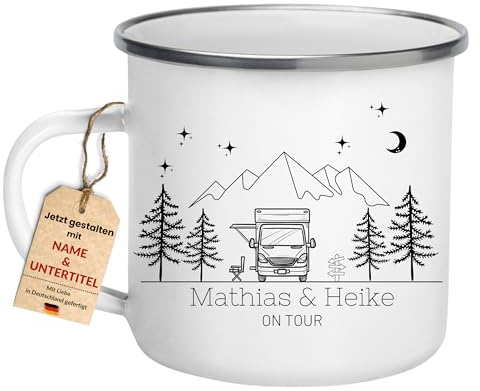 Little Mathilda Emaille Camping Tasse personalisiert mit Name Wohnmobil Tassen Camper Becher Edelstahl 330ml personalisiertes Geschenk für Camper Wohnwagen Camper Zubehör Camping Tasse (2er Set)
